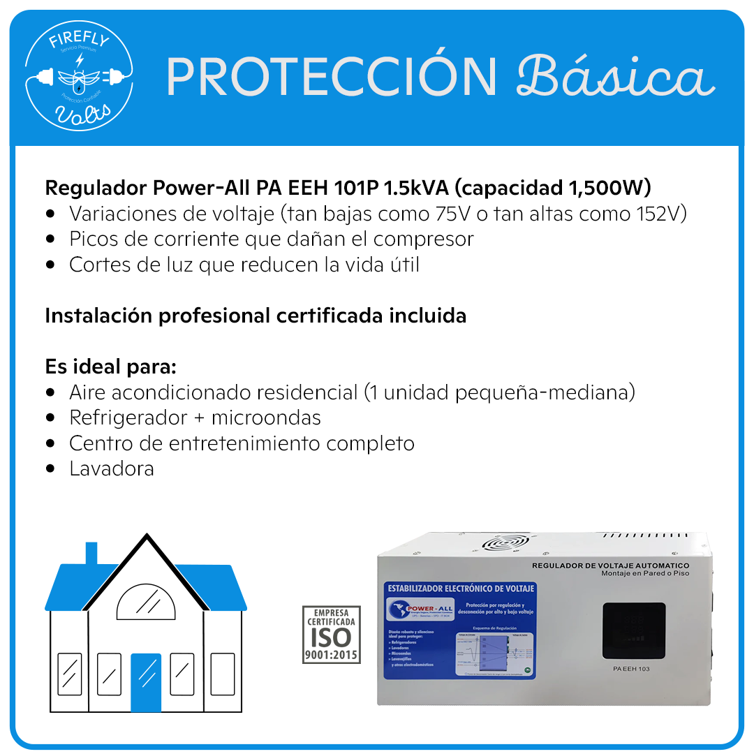 Protección Básica para 1 Aire Acondicionado | Regulador 110V 1.5kVA | Instalación Incluida